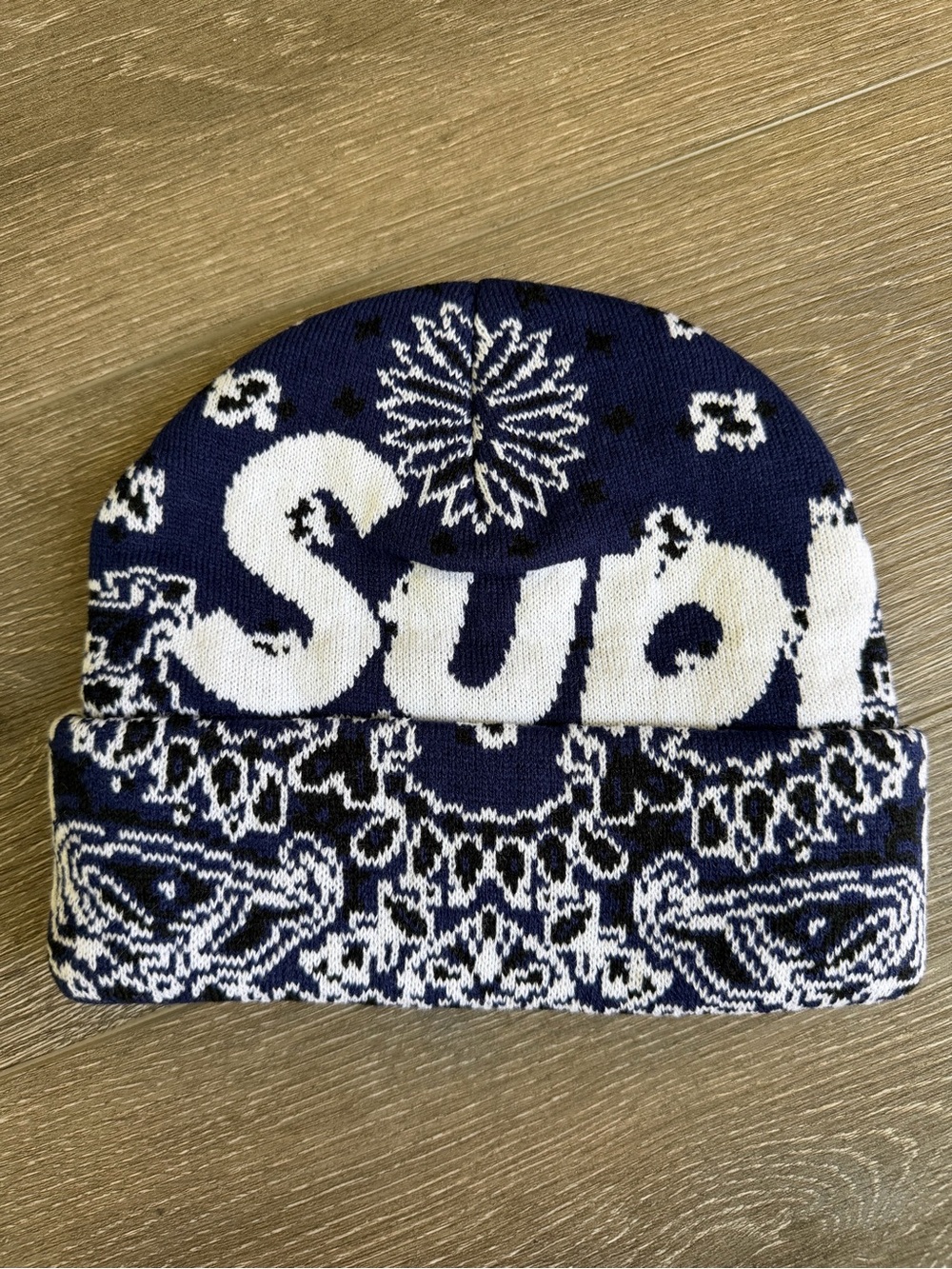 Supreme Navy and White Knit Logo Beanie
